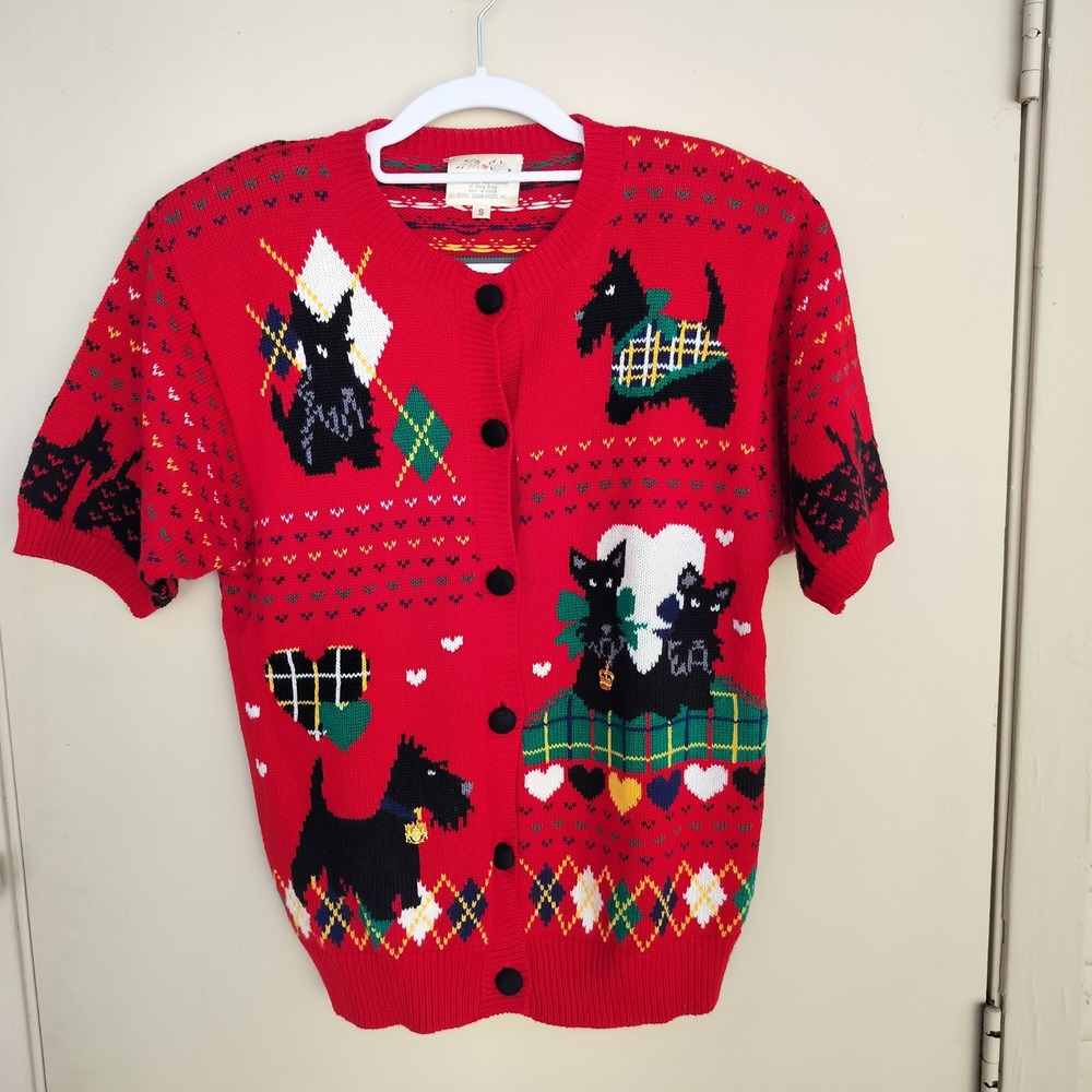 Susan Bristol Vintage Red Scottie‎ Dog Short Sleeve Christmas Sweater Small